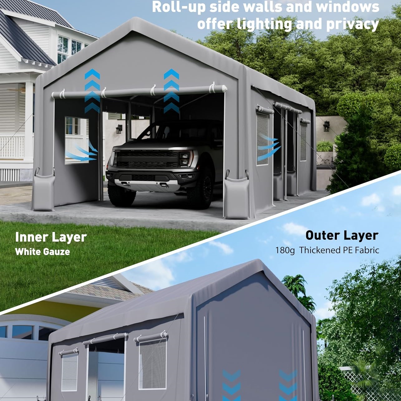 Riedhoff Carport Door Replacement 13 x 8.85 ft for Portable Garage 13' x 20' & 13' x 25', Gray