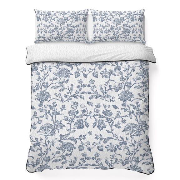 Queen Quilt Set 90''x96'', Blue Flower Lightweight Bedspread Coverlet Set with 2 Pillow Shams, Vintage Farmhouse Boho Leaf Spring Summer Breathable All Season Quilt Bedding for Bedroom/Guest Room