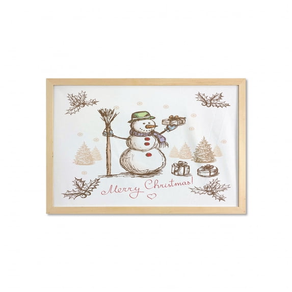 Snowman Wall Art with Frame, Hand Drawn Like Merry Christmas Lettering and Outdoor Winter Elements Trees, Printed Fabric Poster for Bathroom Living Room, 35" x 23", White Multicolor, by Ambesonne