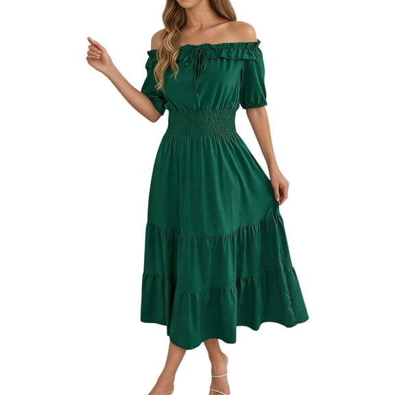 DHFJKG Wedding Guest Dresses For Women Summer Off Shoulder Long Dress Casual Puffy Short Sleeve Smocked Waist Flowy A-Line Sundress Comfortable Dresses