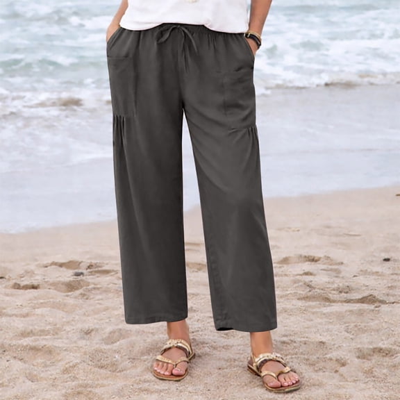 Gamivast Linen Pants for Women Cropped Straight Leg High Waisted Beach Pants Drawstring Elastic Waist Breathable with Pockets Easy Pull on Style for Garden Afternoons Errands and Weekend Wear