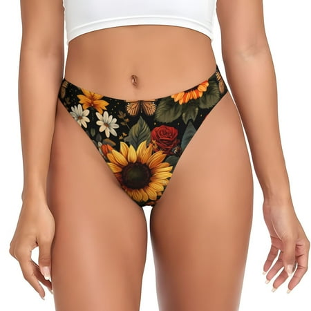 Thongs for Women - Sunflower Floral Butterfly No Show Seamless Womens Thongs Underwear  Soft Stretch G String Thongs for Women Cuteness Ladies Thong Bikini Panties Briefs