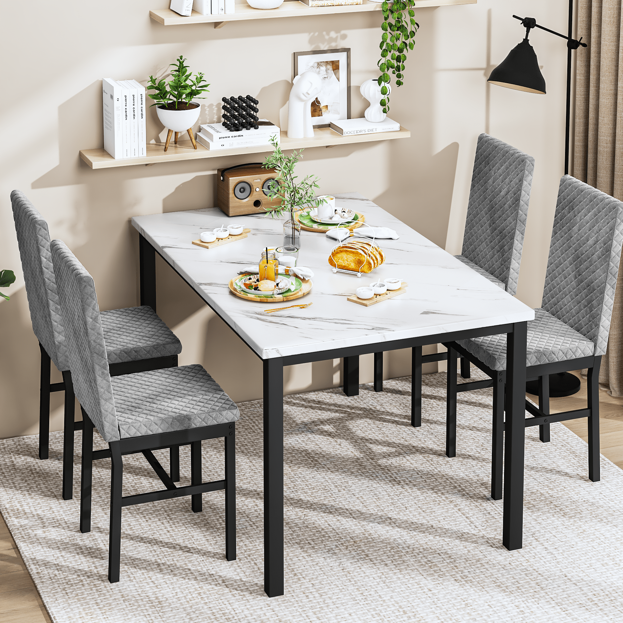 Baxluxe Dining Table Set for 4, Modern 5 Piece Dining Table Set, Faux Marble Kitchen Table and 4 Velvet Upholstered Chairs for Apartments, Dining Rooms, Small Spaces, Gray