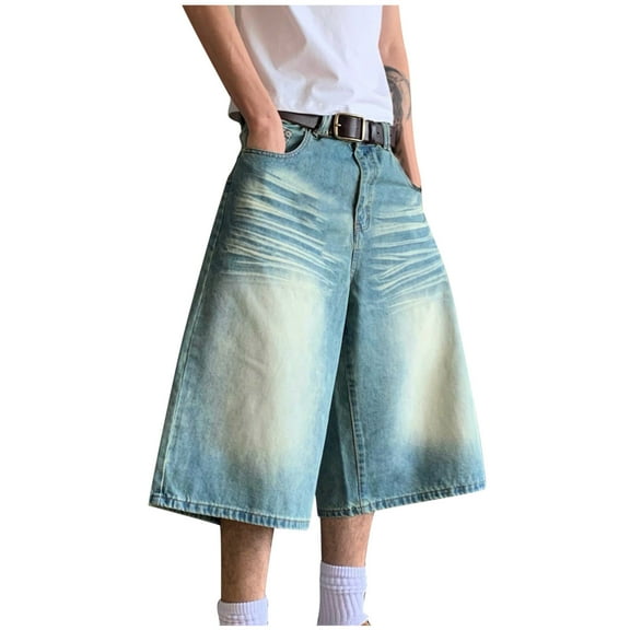 ZVNAΖH Men's Cropped Jeans, High Waist Wide Leg Baggy Jorts Y2K Casual Denim Capris Pants Summer Clothes