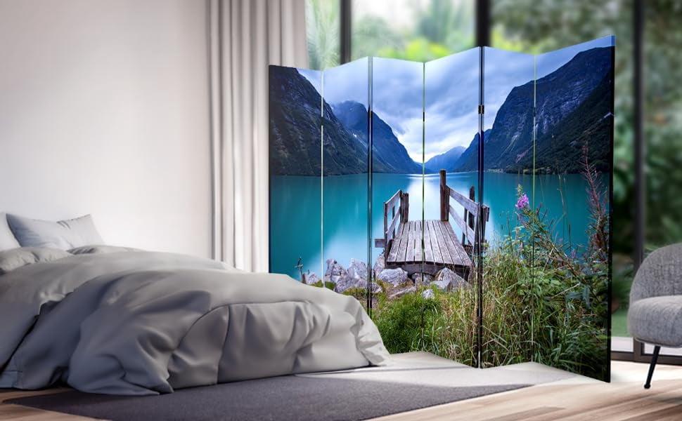 6 Panels Privacy Screen Room Divider Partition with Lake Dock Canvas, Water Resistant for Living Room, Bathroom, Home Office or College Dorm, Wood Frame
