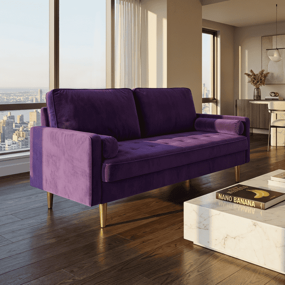 65" Velvet Upholstered Small Loveseat Couch, 2 Seater Sofa with Pine Wood Frame, Comfortable Loveseat with High-Density Sponge for Living Room, Purple