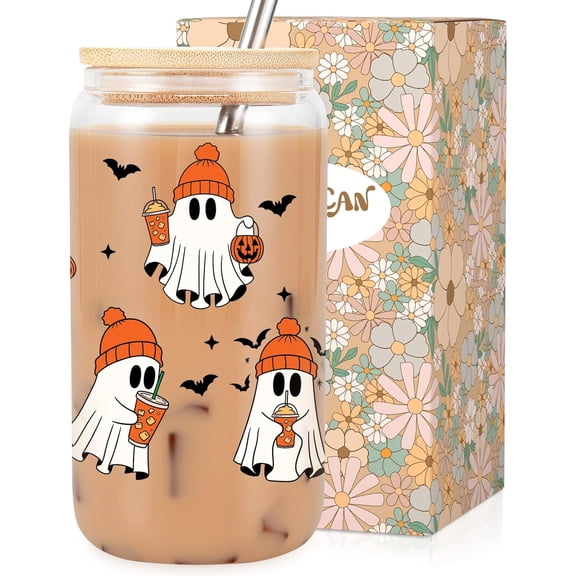 16 oz Ghost Cup, Cute Halloween Cup - Halloween Birthday Gifts, Boo Basket Stuffers for Women, Men, Spooky Gifts for Teen Girls - Fall Glass Tumbler with Lid and Straw, Fall Iced Coffee Glass
