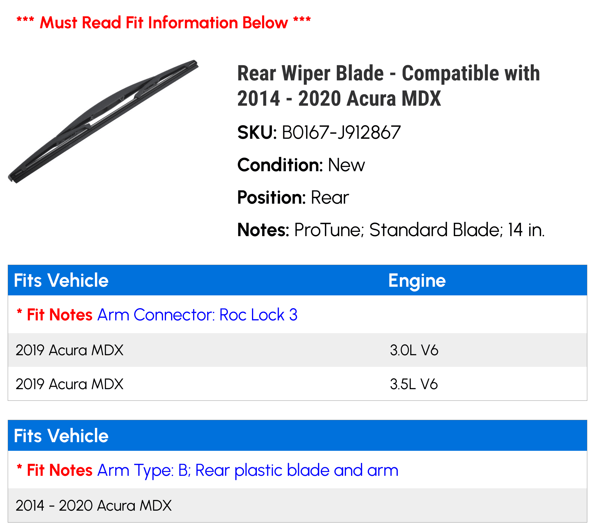 Rear Wiper Blade - Compatible with 2014 - 2020 Acura MDX 2015 2016 2017 2018 2019