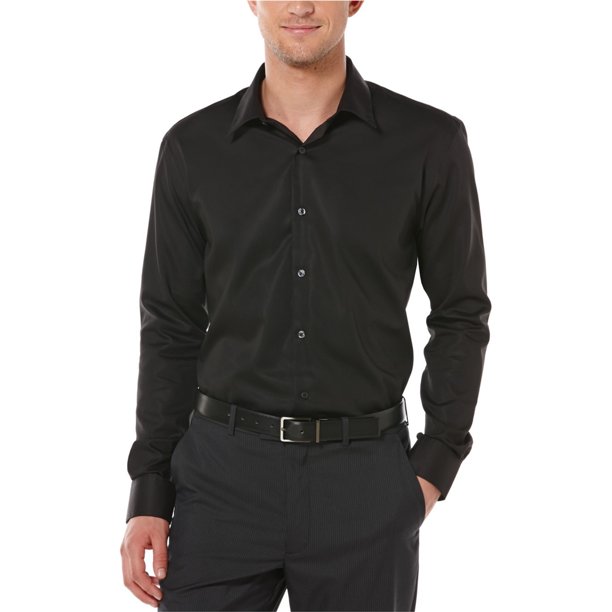 Perry Ellis - Camisa de manga larga con botones para hombre sin planchado, color negro, pequeño