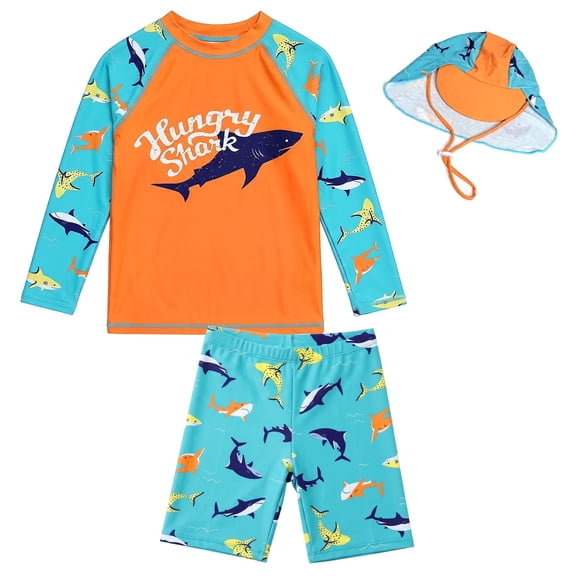 NIPAXO Boys Swimwear Long Sleeve Shark Graphic Sun Protection Quick Dry Swim Suit for Boys with Swim Shorts and Hat Set