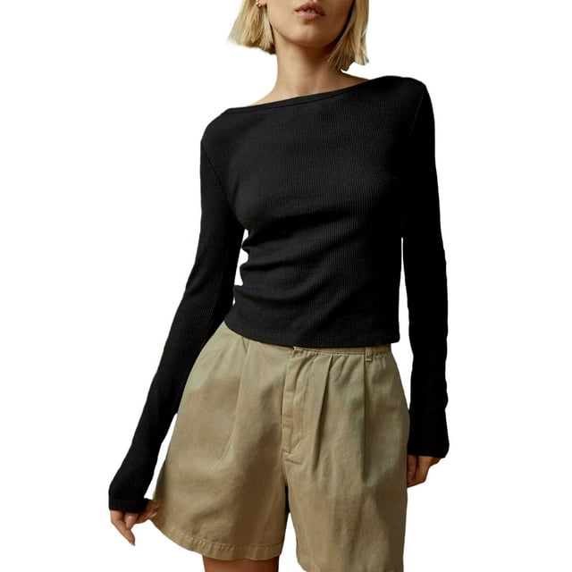 SUNSIOM T-Shirts à Manches Longues Col Rond Rayé Ajusté pour Femmes Automne Basique Sortie