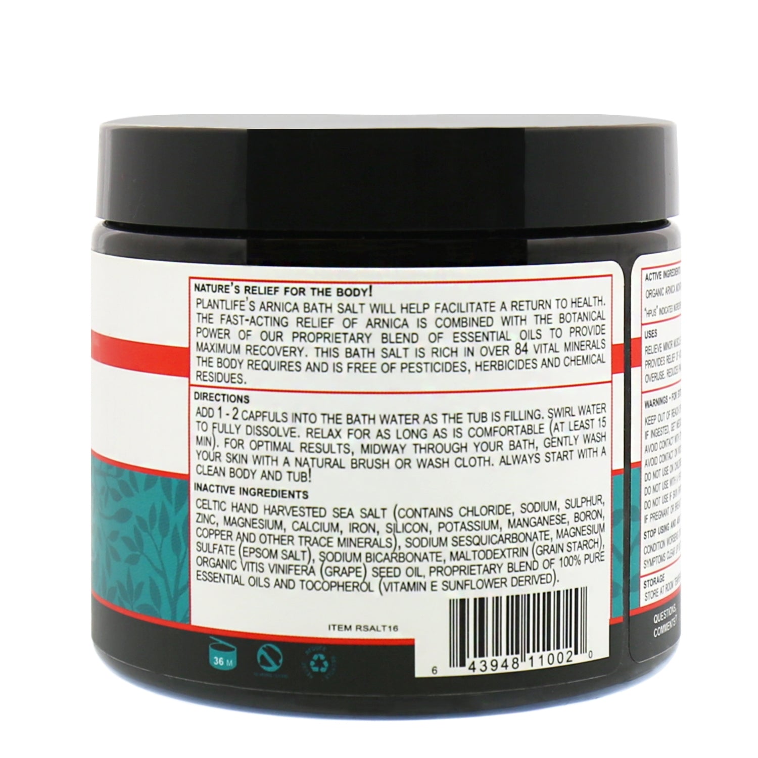 Plantlife Mineral Bath Salts for Pain Relief, Sore Muscles, Relaxing Soak with Arnica & Pure Essential Oils