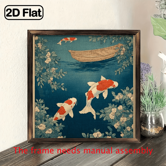 Framed Japanese Woodblock Print Wall Art - Hokusai Ukiyo-e Landscape with Koi Fish, Boat Floral Branches, 8x8 Inch, Traditional Oriental Decor for Living Room.wooden board painting.