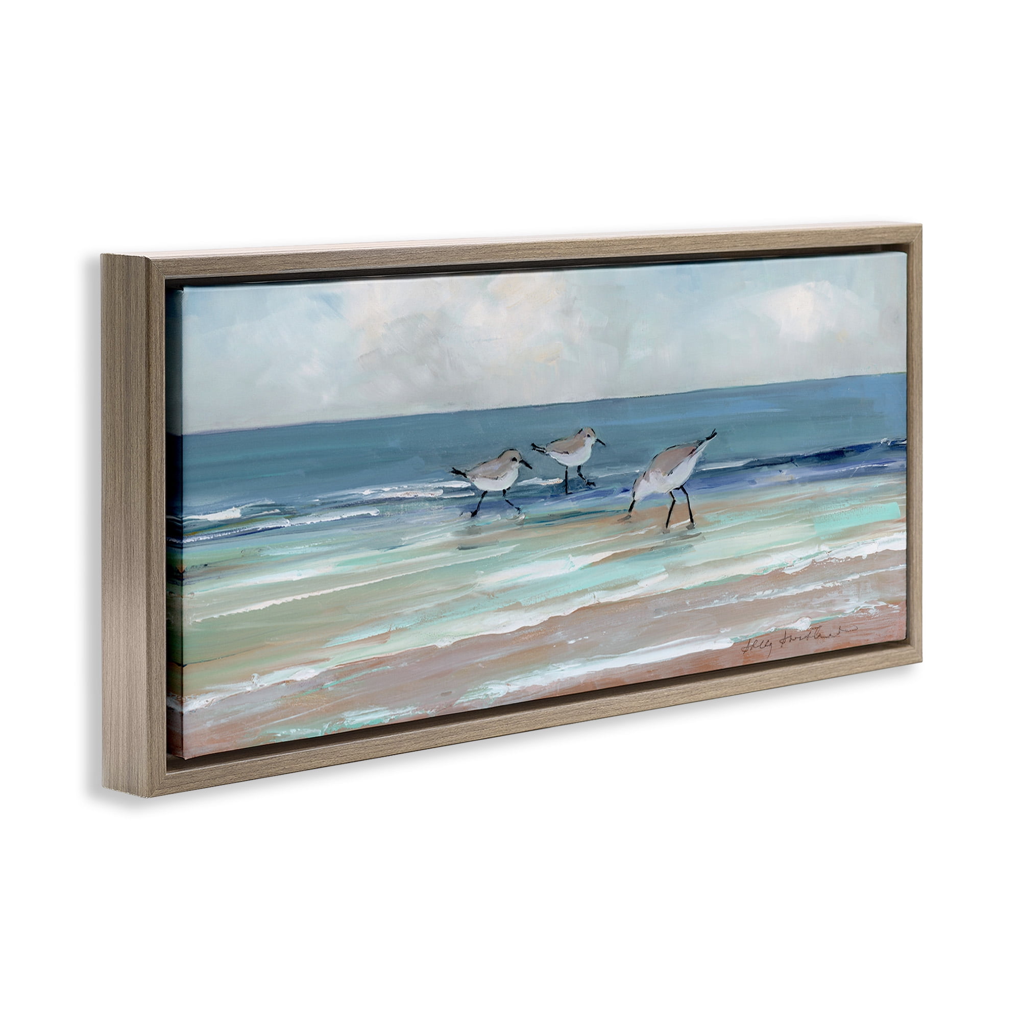 Stupell Industries Panoramic Sandpipers on Shoreline Nature Painting Brown Floater Framed Canvas Art Print Wall Art, 25 x 11