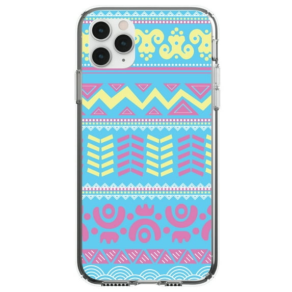 DistinctInk Clear Shockproof Hybrid Case for iPhone 11 (6.1" Screen) - TPU Bumper, Acrylic Back, Tempered Glass Screen Protector - Yellow Pink Blue Aztec Tribal