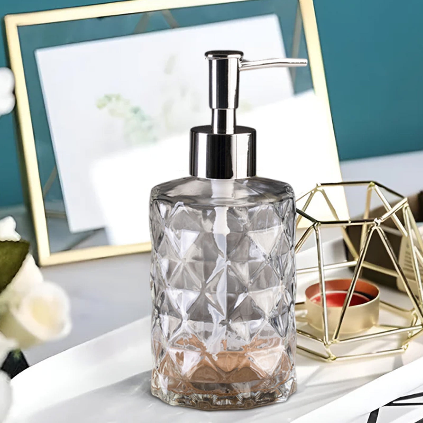 YiJuHui 1pcs Refillable Glass Soap Dispenser Pump Bottle with Diamond Pattern Design for Kitchen and Bathroom Decor