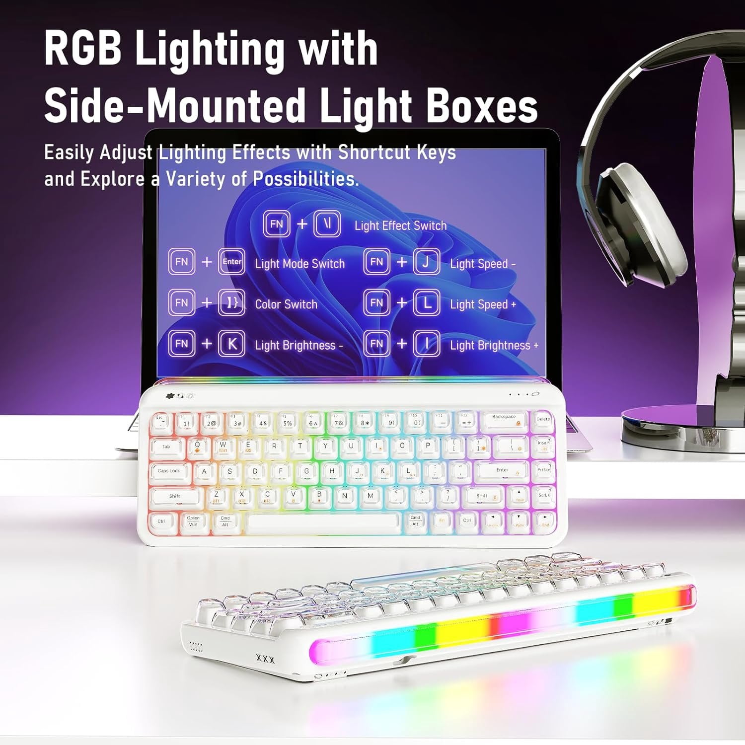 AF68 Membrane Keyboard, 68% Layout 68-Key Gaming Keyboard, 2.4 GHz/Type-C/BT, RGB Lighting Effects with Integrated Side Light Bar, 4000mAh , Translucent Keycaps
