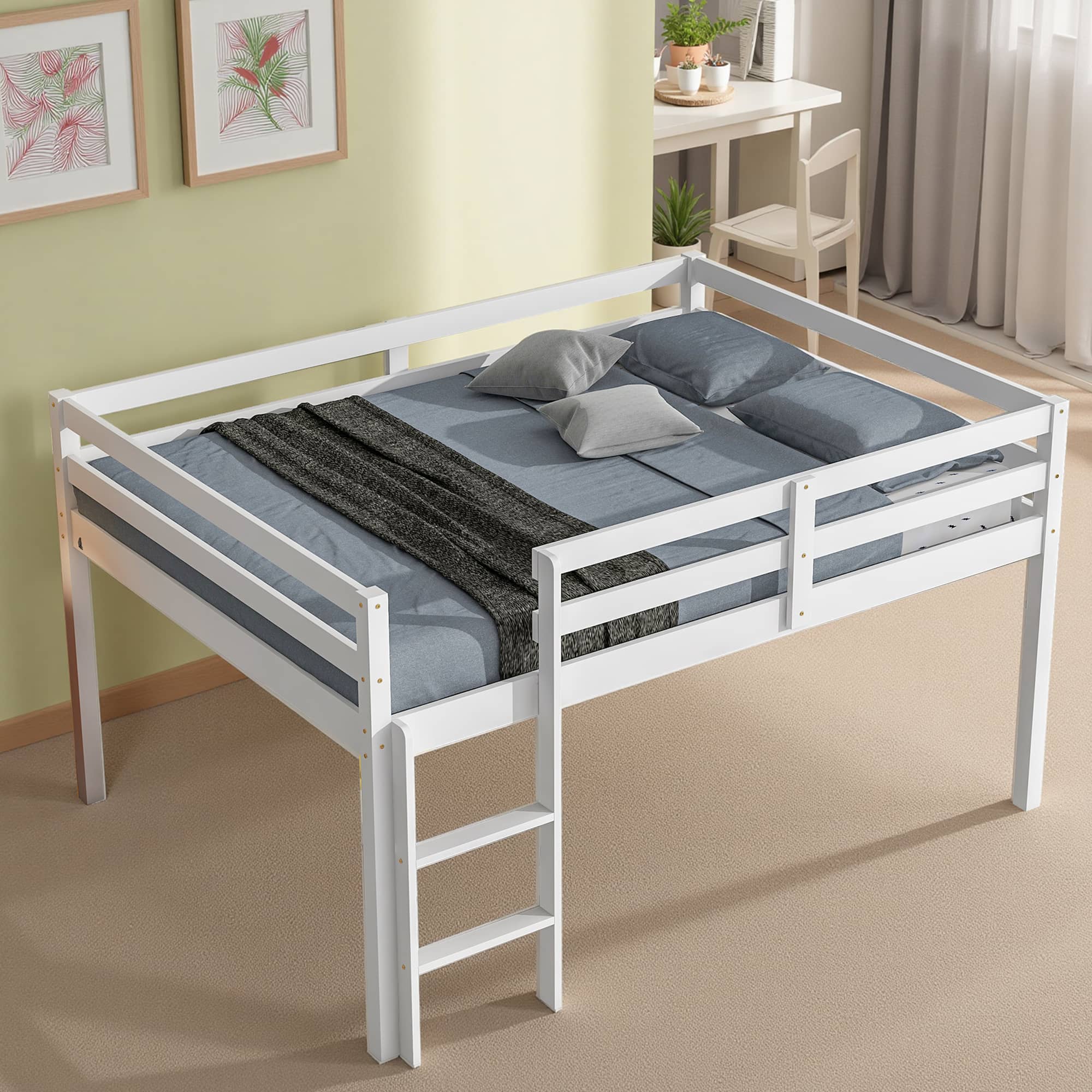 MAYEERTY Full Size Loft Bed with Ladder for Child, White