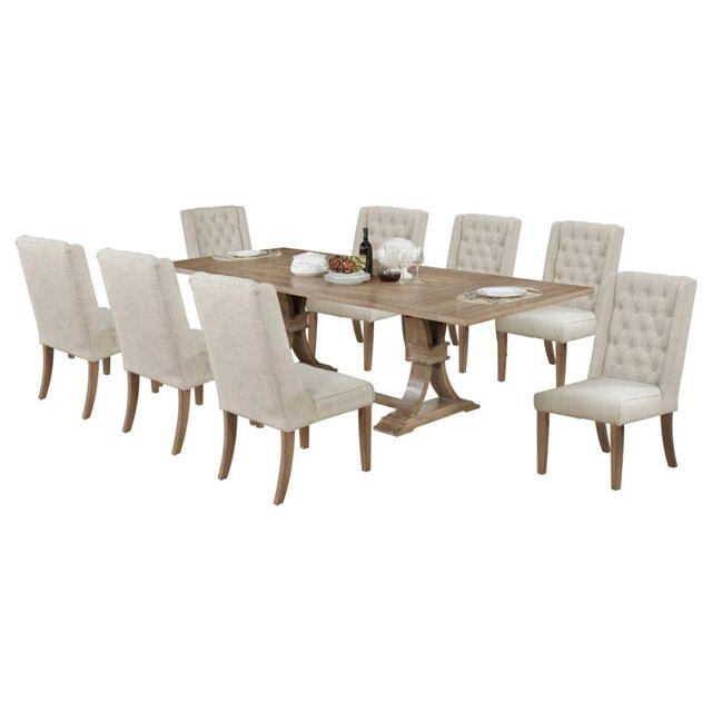 Rustic Natural Wood 9pc Dining Set with Extendable Table + Beige Linen Chairs
