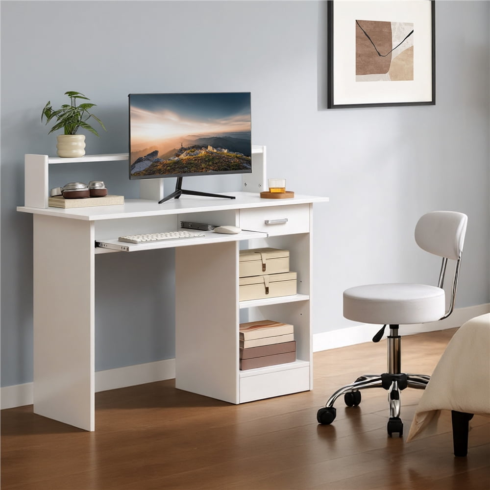 Yaheetech Computer Desk Home Office Laptop Desktop Table with Drawers Storage Shelf Keyboard Tray, White