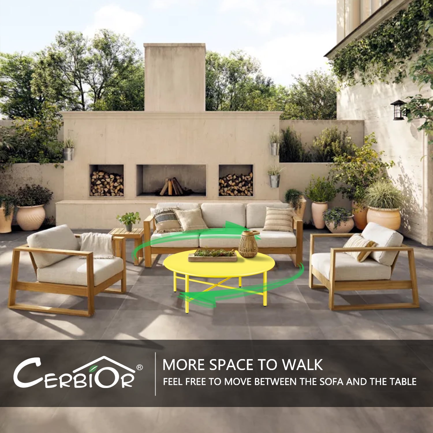 CERBIOR Patio Round Steel Coffee Table, Weather Resistant Anti-Rust and Waterproof Indoor and Outdoor Large Side Table, for Garden Living Room Bedroom Balcony（Lemon Yellow）