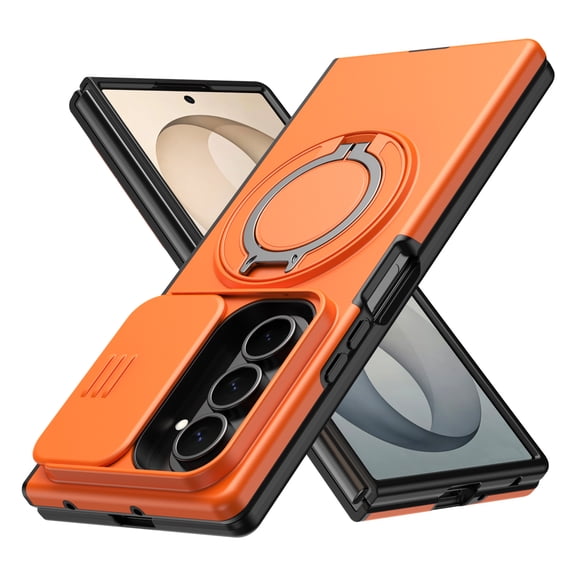 Premium Magnetic Case for Samsung Galaxy Z Fold 8 Ultra / Fold 7, 360° Rotating Ring Stand, Sliding Camera Cover, Slim Hybrid Shockproof Protective Phone Case - Orange
