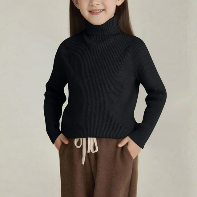 Kids' Solid Color Long Sleeve Knit Sweater Top - Soft Polyester Blend for Boys and Girls, Medium & Large Sizes
