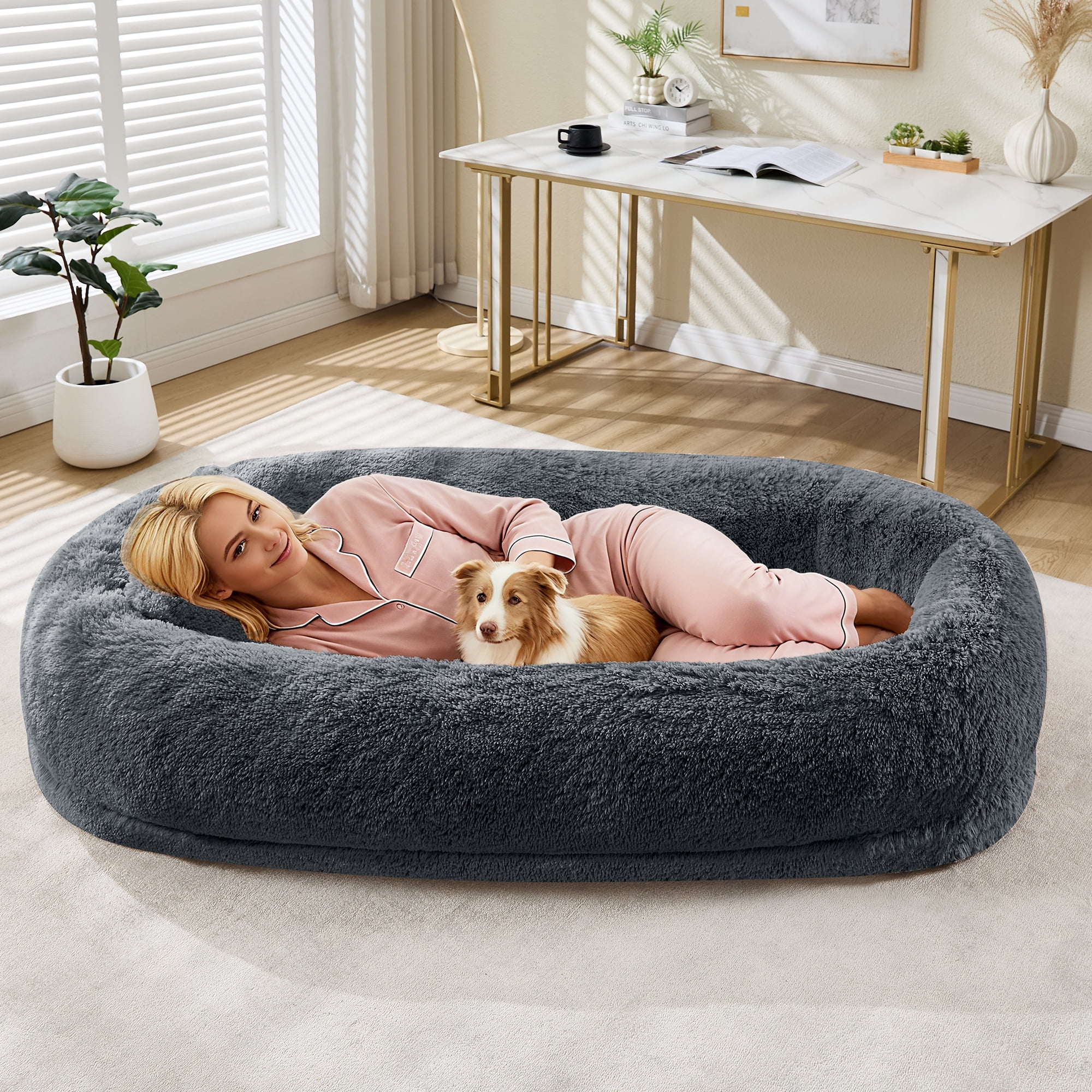 Human Size Dog Bed for People and Pets, 67×43×8 inch Orthopedic Foam Lounger with Removable Washable Faux Fur Cover, Raised Bolster, Side Pocket and Portable Strap, No Assembly Required, Cozy Floor B