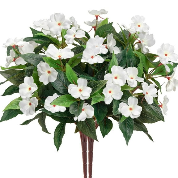 Artificial Fake Flowers Topboutique Faux Impatiens Bouquet Flowers Fake Flowers for Outdoor Faux Bouquet for Flower Arrangement Apply to Home & Office Decor, 4 Pcs, White