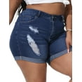 thumbnail image 3 of Gocolloa Womens Plus Size Jean Shorts Stretchy High Waisted Distressed Fold Hem Denim Shorts Bamboo Royal Blue 26W, 3 of 5