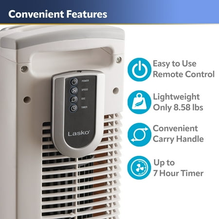 Lasko 3-Speed Remote Controlled Oscillating Tower Fan, White, 2510