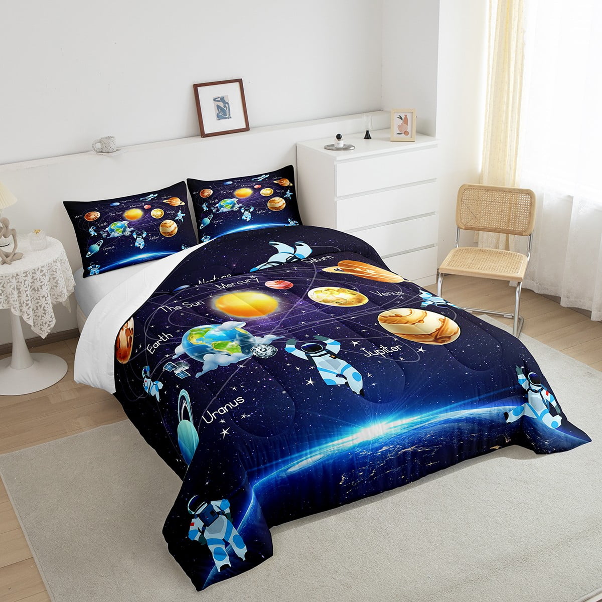 Outer Space Twin Bedding Set Planet Comforter Set, Solar System Bedding Comforter Sets Teens Blue Galaxy Starry Sky Astronaut Print Duvet Insert Universe Themed Quilt 2 Pcs
