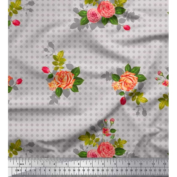 Soimoi Gray Heavy Canvas Fabric Dot & Grandiflora Roses Floral Print Fabric by the Yard 58 Inch Wide