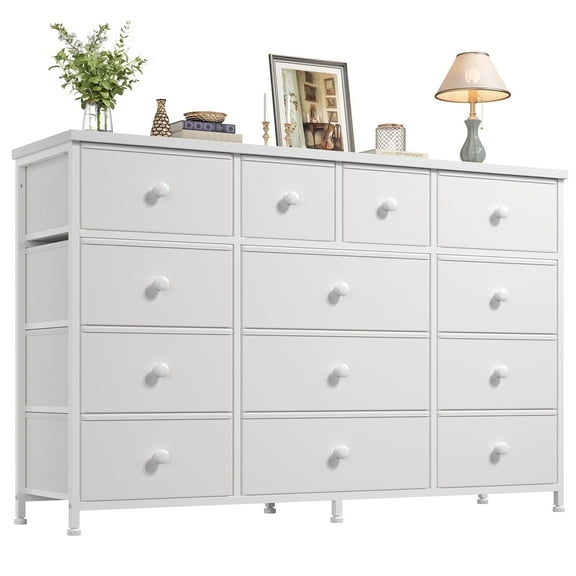 White Dresser for Bedroom TV Stand with 13 Drawers for for 55" TV, Fabric Wide Dresser for Living Room
