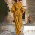 thumbnail image 2 of Szluipve 2 Piece Sets for Women Off‑Shoulder 2 Piece Outfits Puff Long Sleeve Slanted Shoulder Top & High Waist Pleated Wide Leg Pants Casual Vacation Matching Set Yellow XL, 2 of 9