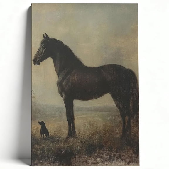 Black Horse Canvas Wall Art, Vintage Horse Painting With Farm Animal Silhouette, Rustic Western Country Decor, Elegant Equestrian Home Decoration 8*12