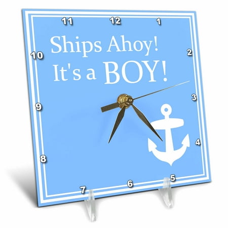Polder Clock (3dRose Ships Ahoy Its a Boy - for Baby showers - light powder blue with white anchor sailor nautical theme, Desk Clock, 6 by)