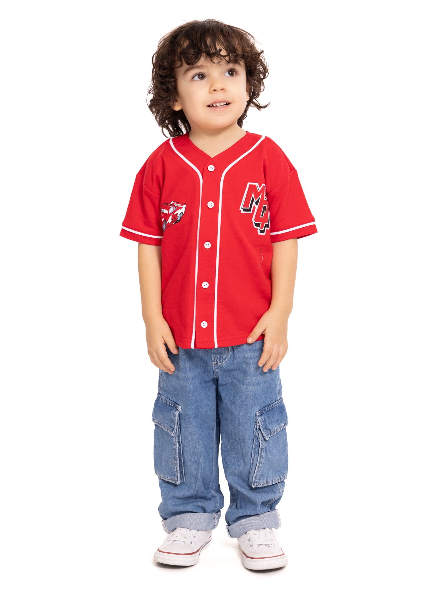 Pixar Cars Toddler Button Down Baseball Jersey with Short Sleeves, Sizes 12M-5T