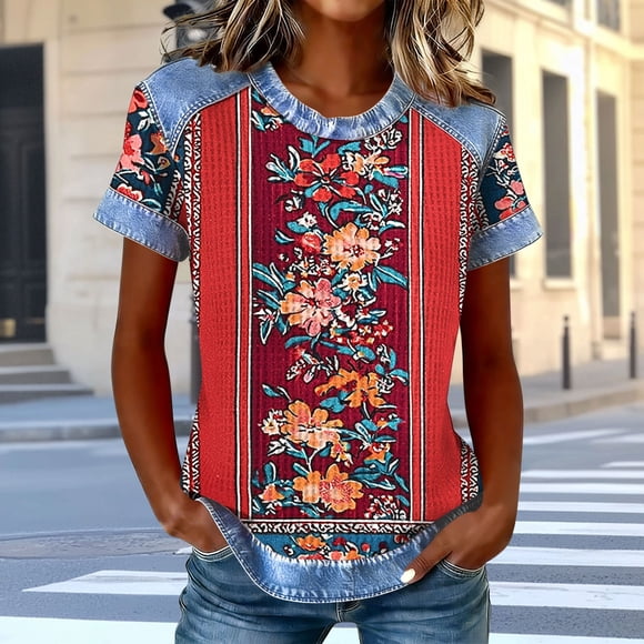Pounoo Casual Tops for Women Boho Floral Print Waffle Knit Denim Patchwork Print Tees Soft Comfy Summer Weekend Shirts Gift