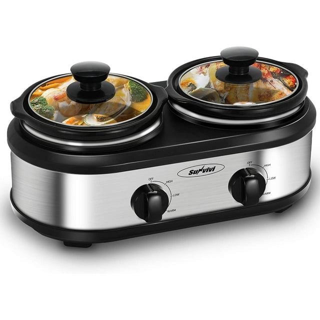 May in Color Dual Pot Slow Cooker, 2 Pot Small Mini Crock Buffet Server and Warmer, Upgraded Oval Ceramic Double Pot Buffet Food Warmer Adjustable Temp Glass Lid, Total 2.5 Quarts