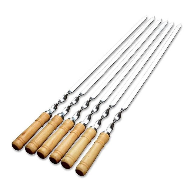 6 Pack Kebab Skewers 21.5 Inch Stainless Steel BBQ Skewers with Wooden Handle Ref: 9228