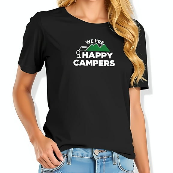 Stylish Cotton Short Sleeve T-Shirt for Women - " WE'RE HAPPY CAMPERS " Bold Print with Mountain & Tent Design - Perfect for Outdoor Adventures & Casual Wear
