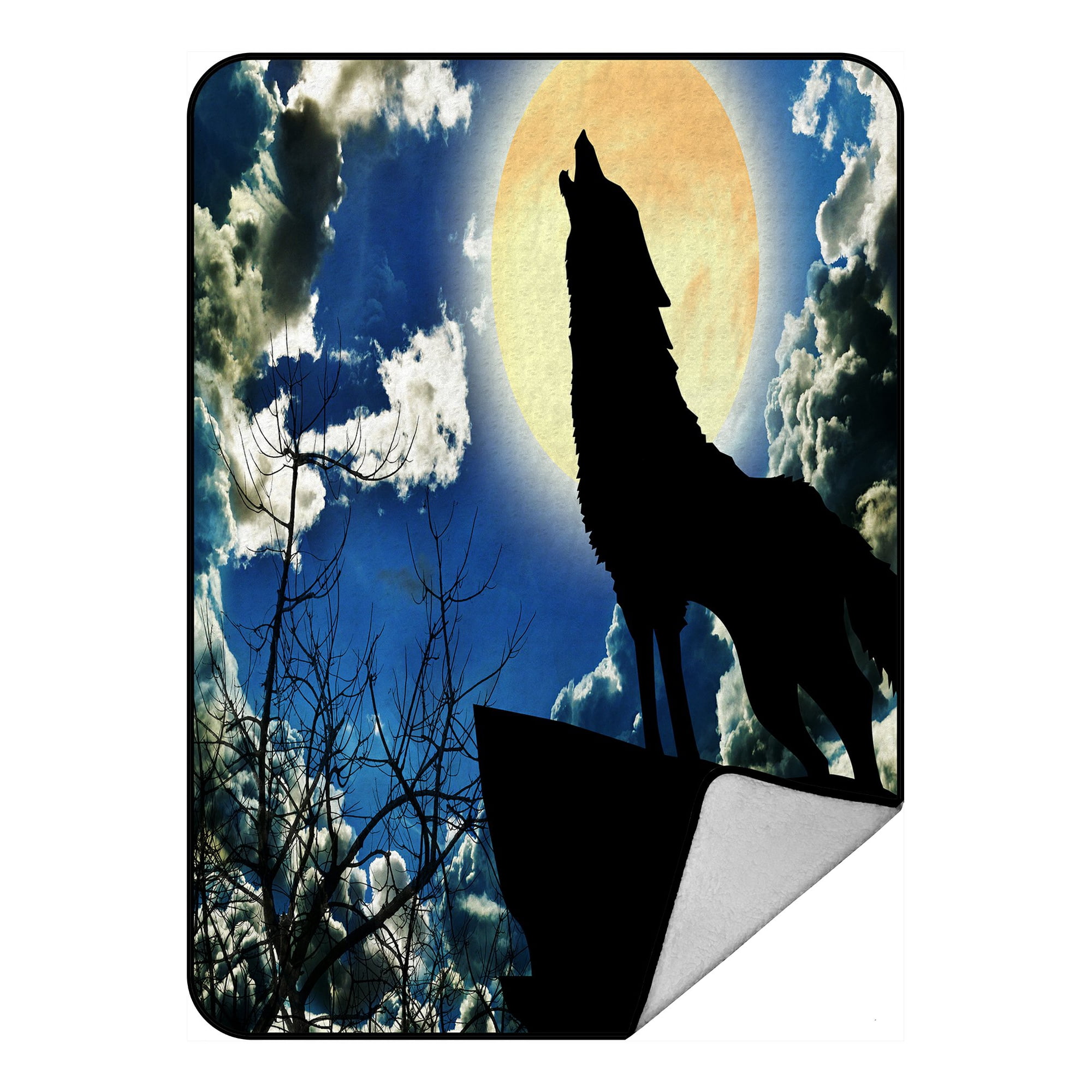 Bsdhome Night Sky Blanket Black Wolf Silhouette Howling Thunderstorm Full Moon Nature Art Fleece Blanket Crystal Velvet Front And Lambswool Sherpa Fl