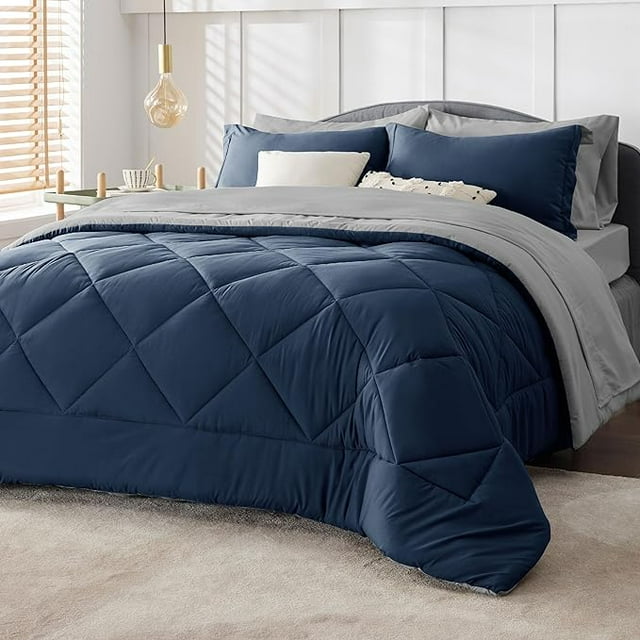 Bedsure Navy Bedding Set Queen - 7 Pieces Reversible Bed Sets in a Bag with