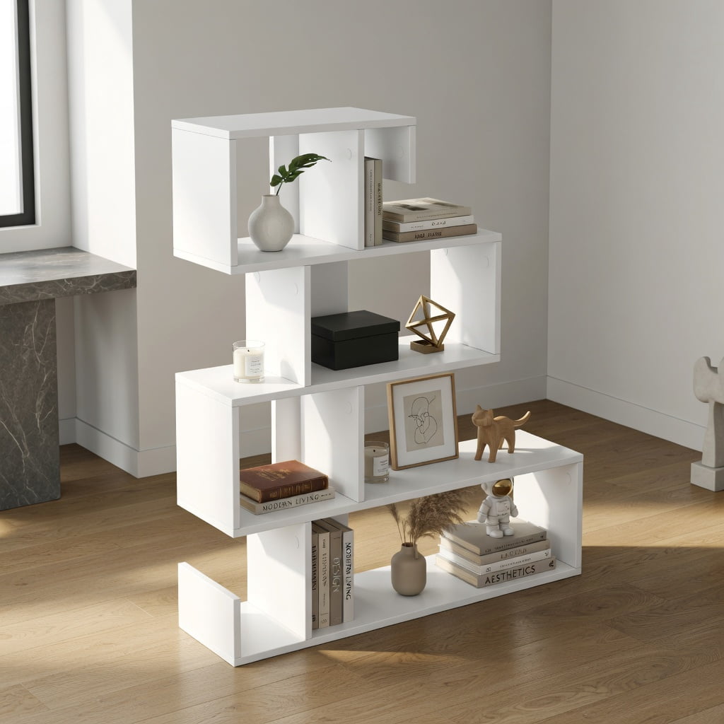 Topcobe 5-Tier S-Shaped Bookshelf Geometric Z-Shelf Bookcase with Open Cubes, Corner Bookshelf Modern Book Case for Books, CDs, Movies, White