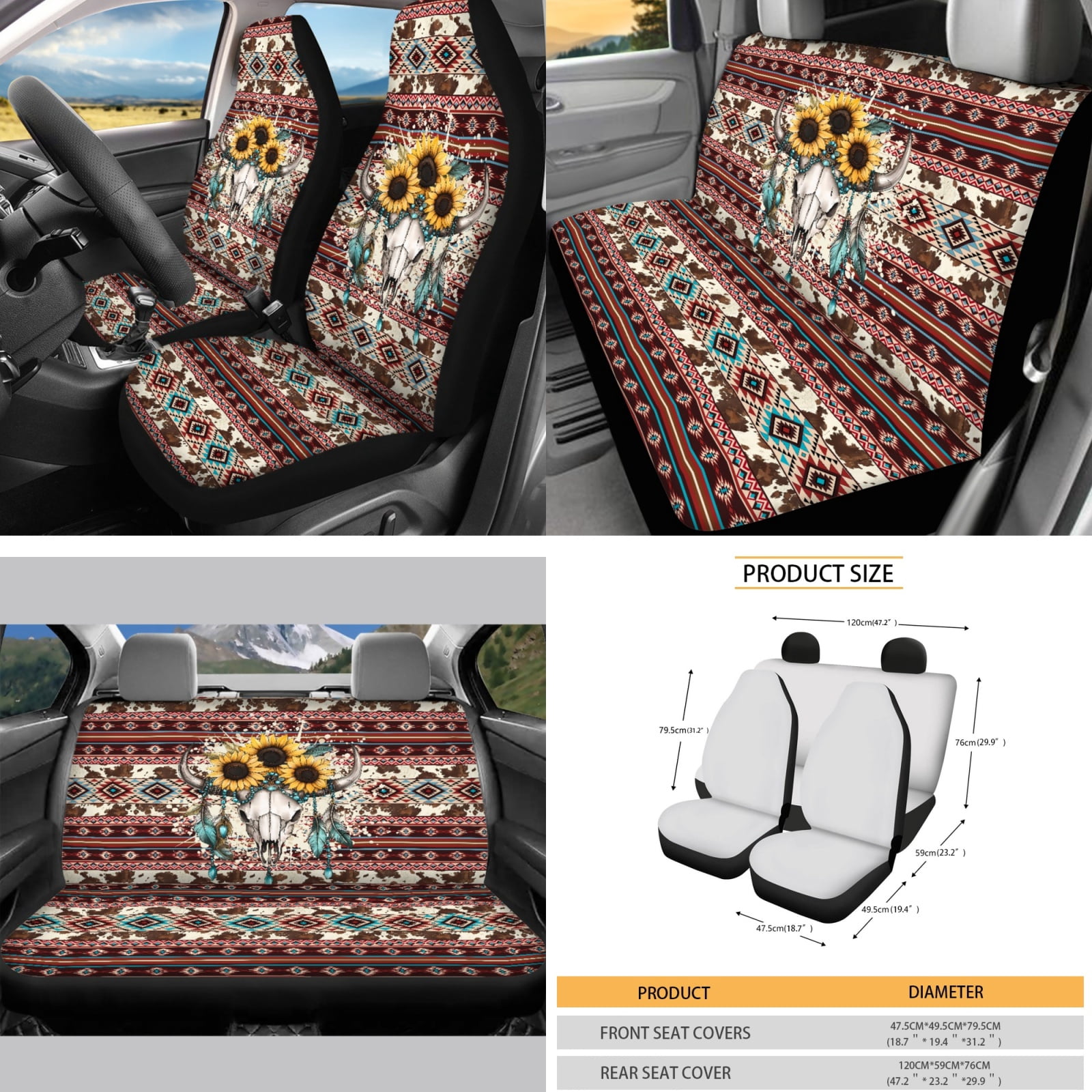 Yuyamidu Deer Car Seat Covers Set 16 PCS Sunflower Steering Wheel Cover Seat Belt Pads Coasters Southwest Aztec Rearview Mirror Cover Key Ring Car Window Shade Handbrake Gear Shift Knob Cover