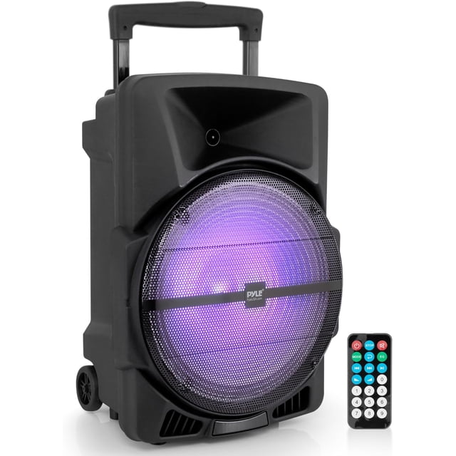 Bocina Portátil de 12 Pulgadas con Bluetooth Pyle, 1200 Watts, Batería Recargable, Luces LED de Fiesta, Karaoke, USB, MP3, Auxiliar y Radio FM