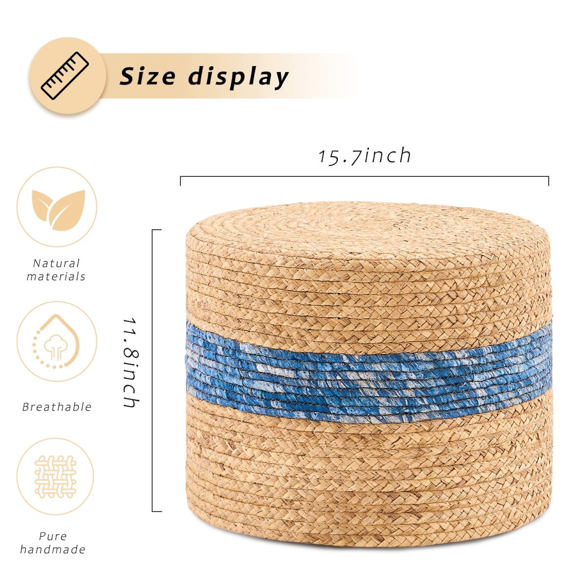 IVV Handmade Woven Water Hyacinth Foot Stool | 15.7" Round Ottoman Home Decorative End/Side Table for Small Space (Natural & Blue)