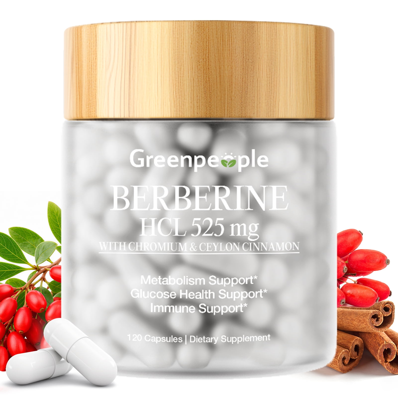 GREENPEOPLE Berberine 525mg Glucose Metabolism Support with Ceylon Cinnamon, 120 Count