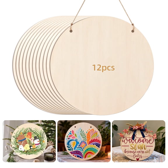 12 Inch Wood Circles for Crafts,12Pcs Unfinished Wood Blank Wooden Door Hanger Sign,DIY Wood Blanks Rounds for Cutouts, Cricut Projects, Burning, Painting